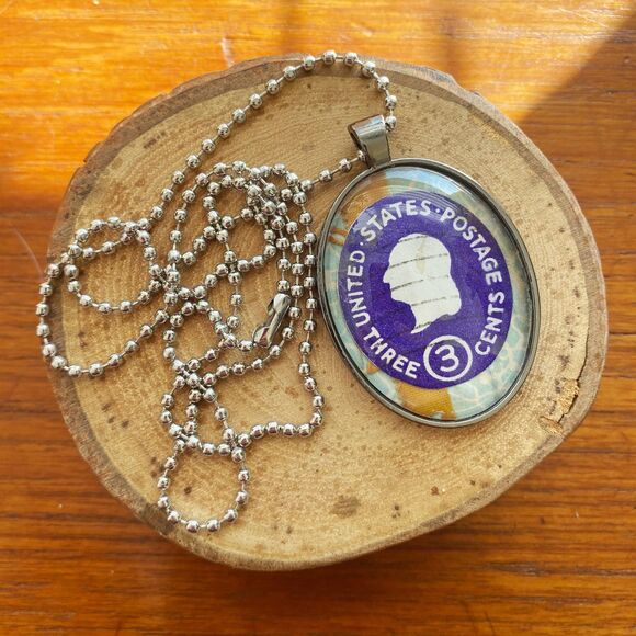 Oval Vintage Purple US Stamp Gunmetal Silver Pendant with Silver Ball Chain - Picture 2 of 5